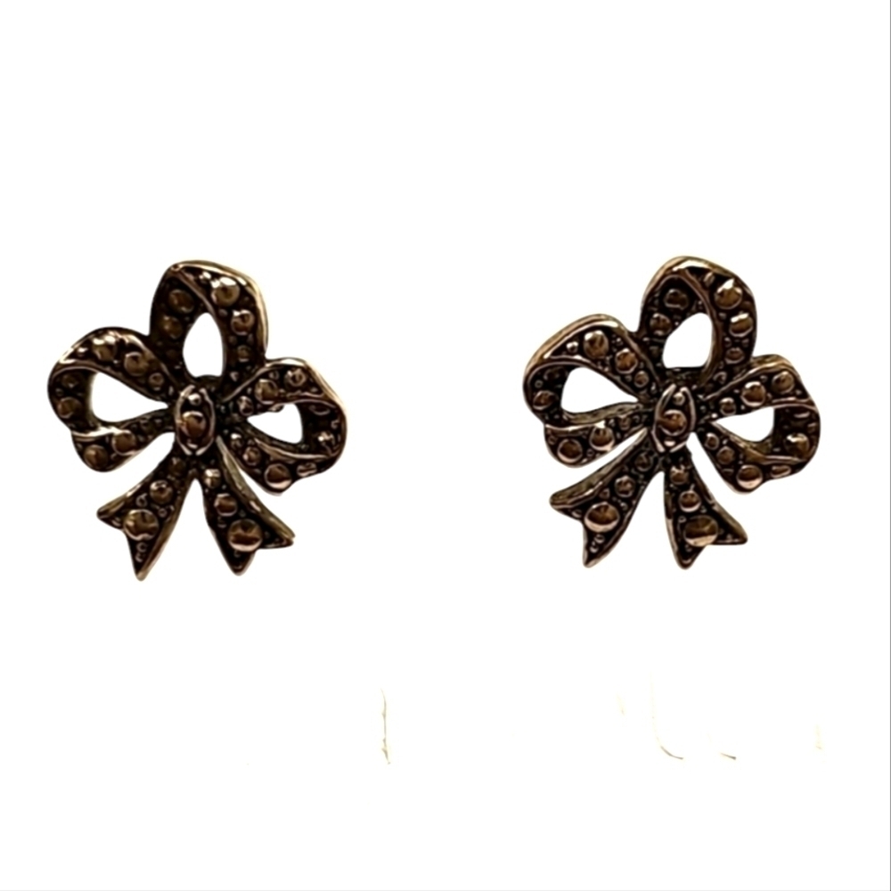Marcasite Bow Pierced Earrings - Silver Tone